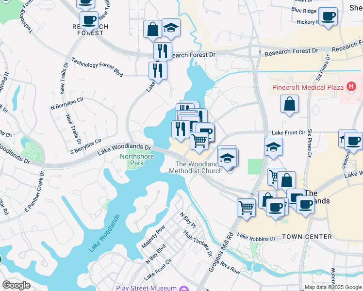 map of restaurants, bars, coffee shops, grocery stores, and more near 2000 Hughes Landing Boulevard in The Woodlands