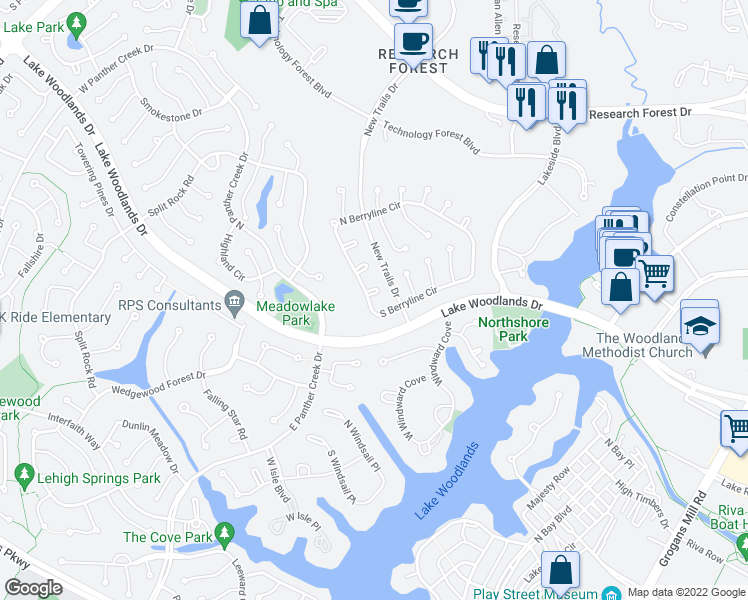 map of restaurants, bars, coffee shops, grocery stores, and more near 2 English Glade Court in Spring