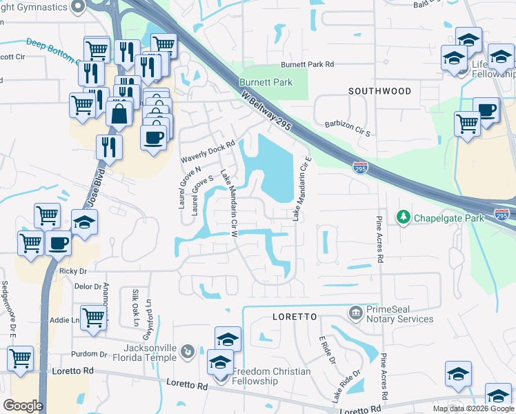 map of restaurants, bars, coffee shops, grocery stores, and more near 3458 Excalibur Way East in Jacksonville