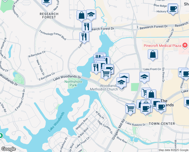 map of restaurants, bars, coffee shops, grocery stores, and more near 2000 Hughes Landing Boulevard in The Woodlands