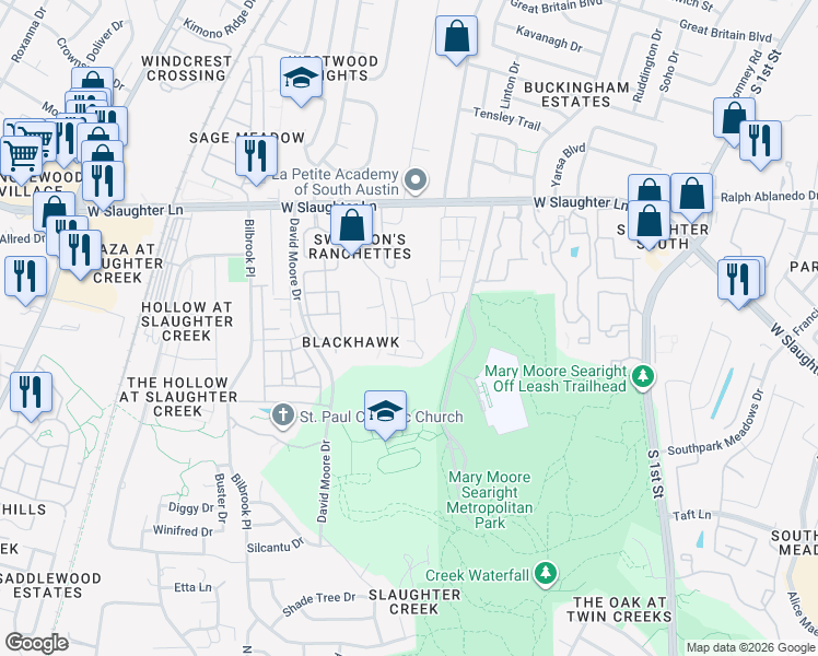 map of restaurants, bars, coffee shops, grocery stores, and more near 905 Totis Road in Austin