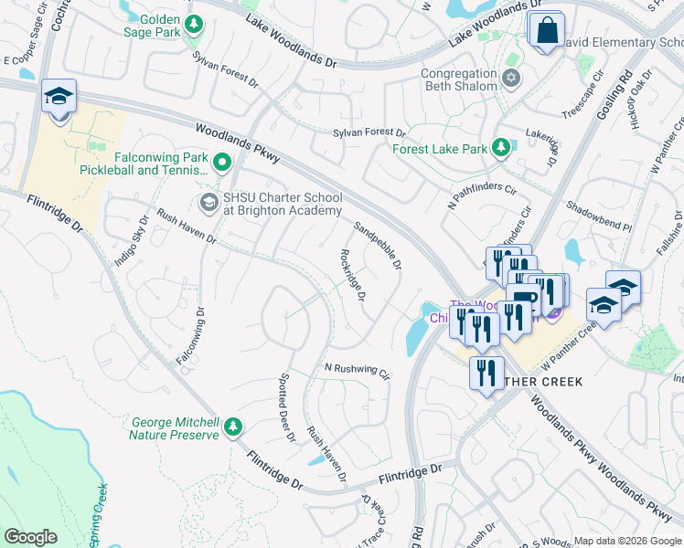 map of restaurants, bars, coffee shops, grocery stores, and more near 42 Rockridge Drive in Spring