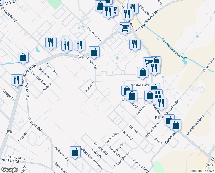 map of restaurants, bars, coffee shops, grocery stores, and more near 418 Vieux Orleans Circle in Lafayette