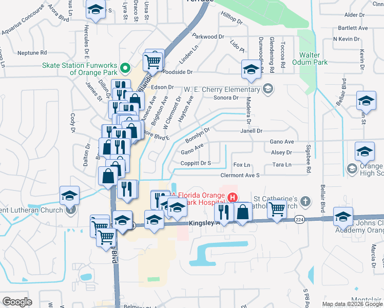 map of restaurants, bars, coffee shops, grocery stores, and more near 286 Gano Avenue in Orange Park