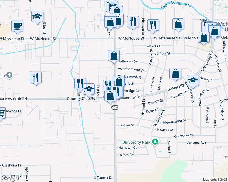 map of restaurants, bars, coffee shops, grocery stores, and more near 4840 Lake St in Lake Charles