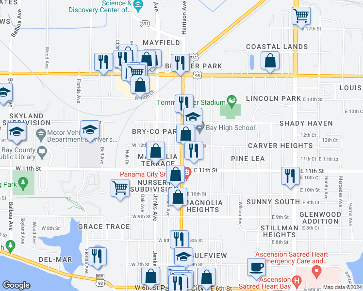 map of restaurants, bars, coffee shops, grocery stores, and more near 6 West 12th Street in Panama City