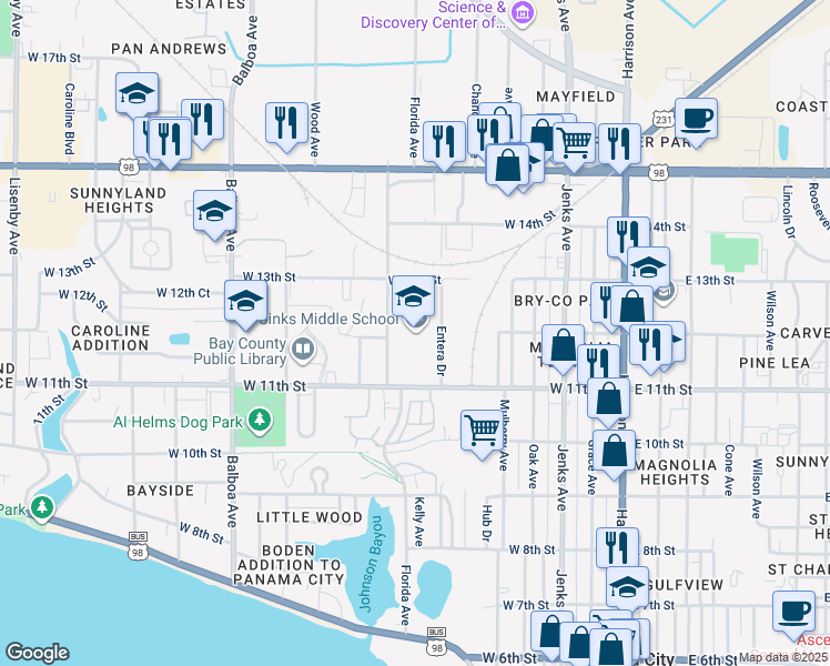 map of restaurants, bars, coffee shops, grocery stores, and more near 600 West 11th Street in Panama City