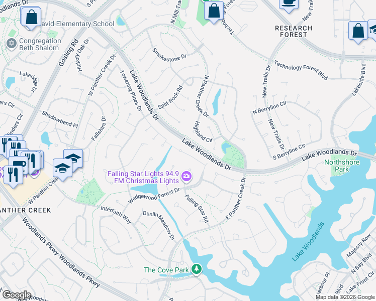 map of restaurants, bars, coffee shops, grocery stores, and more near 15 Twelve Pines Court in The Woodlands