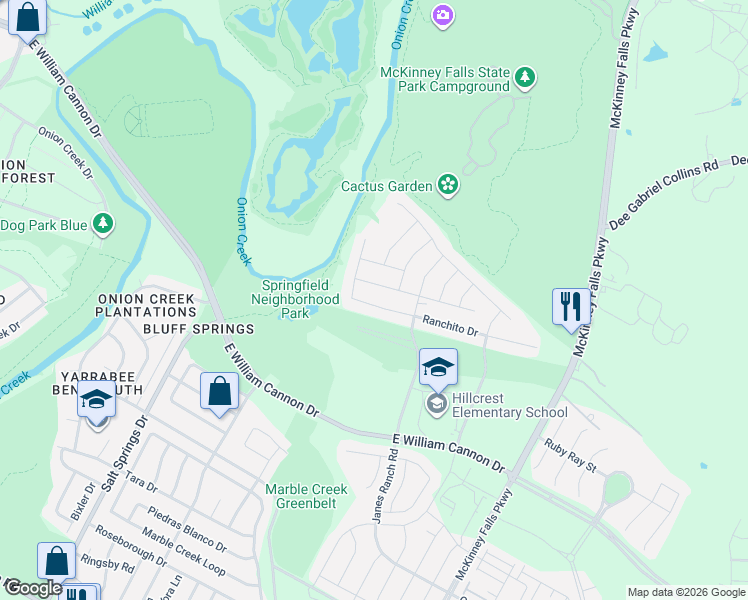 map of restaurants, bars, coffee shops, grocery stores, and more near 6513 Ranchito Drive in Austin