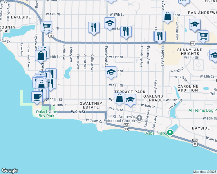 map of restaurants, bars, coffee shops, grocery stores, and more near 1120 Frankford Avenue in Panama City