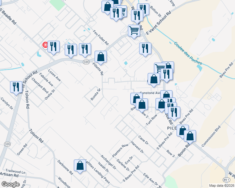 map of restaurants, bars, coffee shops, grocery stores, and more near 416 Vieux Orleans Circle in Lafayette