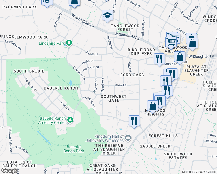 map of restaurants, bars, coffee shops, grocery stores, and more near 10402 Margra Lane in Austin