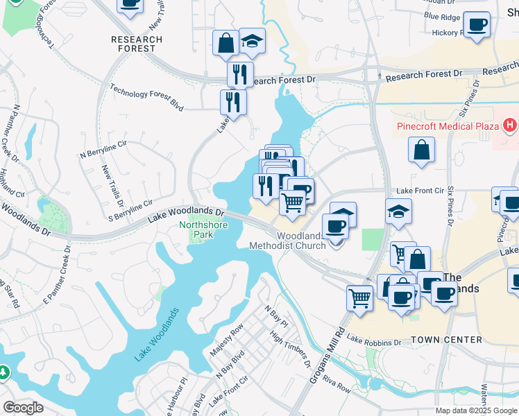 map of restaurants, bars, coffee shops, grocery stores, and more near 2000 Hughes Landing Boulevard in The Woodlands