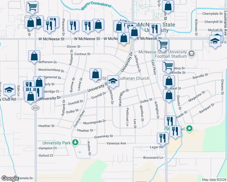 map of restaurants, bars, coffee shops, grocery stores, and more near 817 Jefferson Drive in Lake Charles