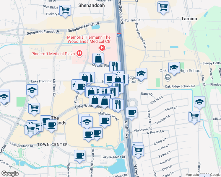map of restaurants, bars, coffee shops, grocery stores, and more near 1100 Lake Woodlands Drive in The Woodlands