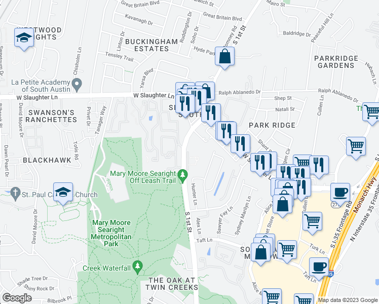 map of restaurants, bars, coffee shops, grocery stores, and more near 9401 South 1st Street in Austin