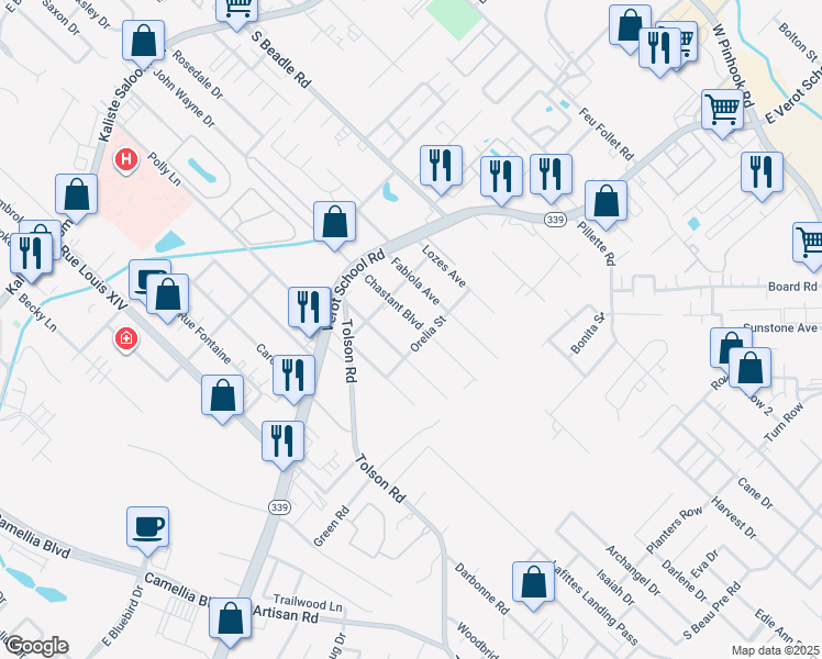map of restaurants, bars, coffee shops, grocery stores, and more near 208 Chastant Boulevard in Lafayette