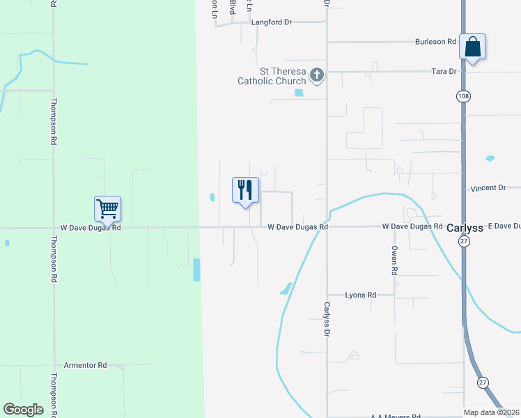 map of restaurants, bars, coffee shops, grocery stores, and more near Volunteer Rd in Carlyss