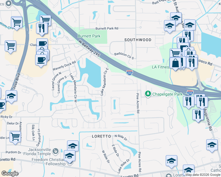 map of restaurants, bars, coffee shops, grocery stores, and more near 3575 Jamestown Lane in Jacksonville