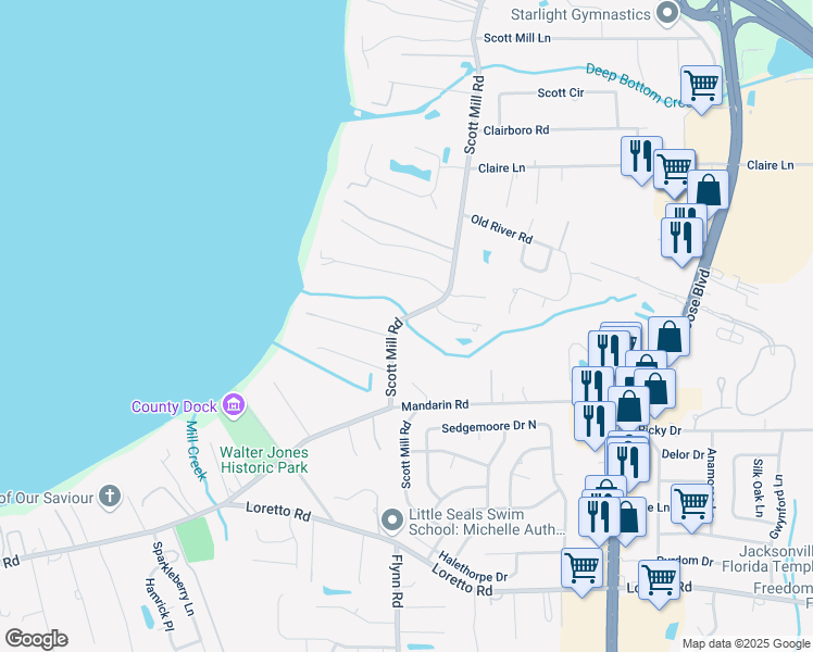 map of restaurants, bars, coffee shops, grocery stores, and more near 11287 Scott Mill Road in Jacksonville