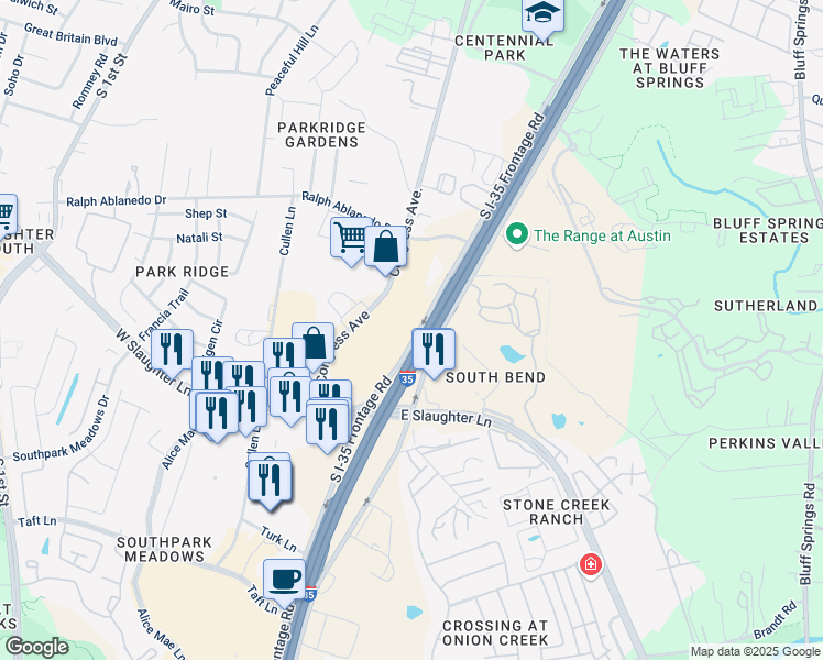 map of restaurants, bars, coffee shops, grocery stores, and more near 8408 South Interstate 35 Frontage Road in Austin