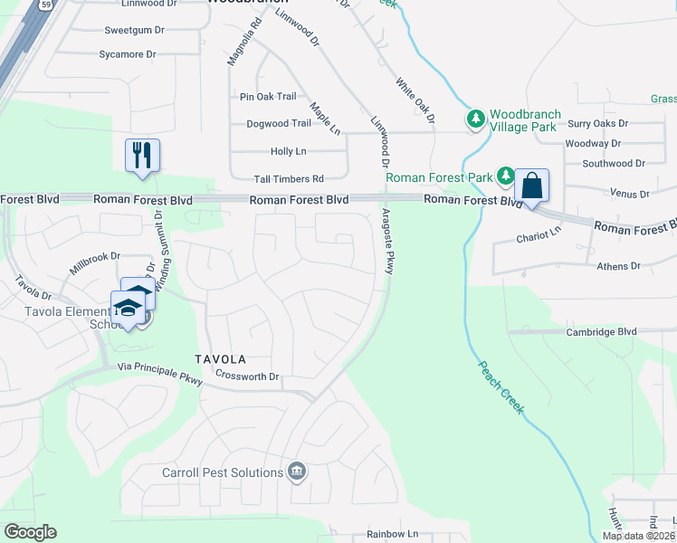 map of restaurants, bars, coffee shops, grocery stores, and more near Unnamed Road in Roman Forest