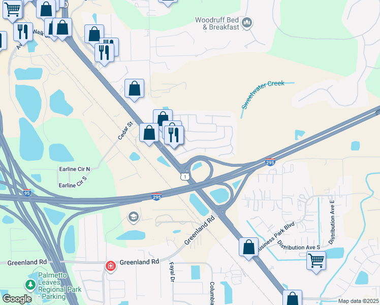 map of restaurants, bars, coffee shops, grocery stores, and more near 7604 Plumwood Drive in Jacksonville