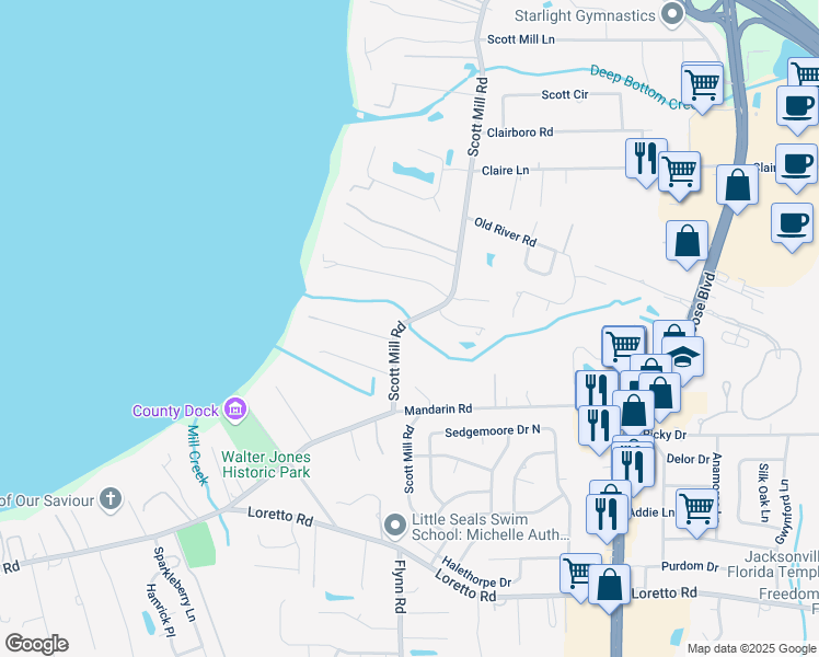 map of restaurants, bars, coffee shops, grocery stores, and more near 11287 Scott Mill Road in Jacksonville