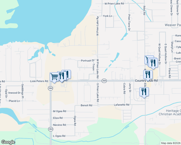 map of restaurants, bars, coffee shops, grocery stores, and more near 4885 Muirfield Drive in Lake Charles