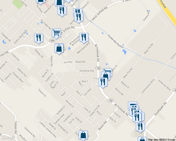 map of restaurants, bars, coffee shops, grocery stores, and more near Sunstone Ave in Lafayette