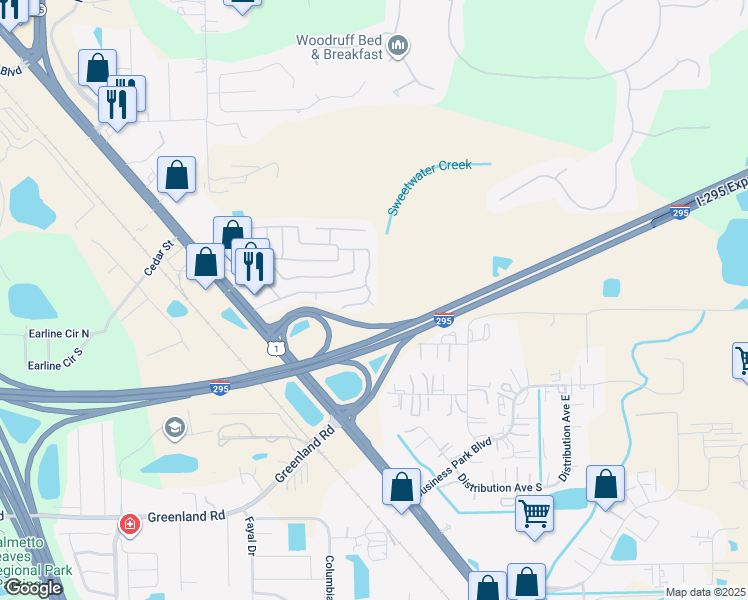 map of restaurants, bars, coffee shops, grocery stores, and more near 11029 Creekwood Drive in Jacksonville