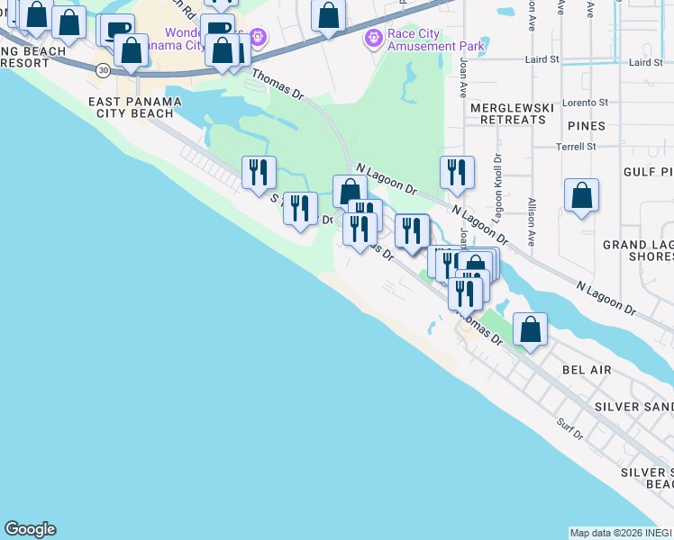 map of restaurants, bars, coffee shops, grocery stores, and more near 8815 Thomas Drive in Panama City Beach