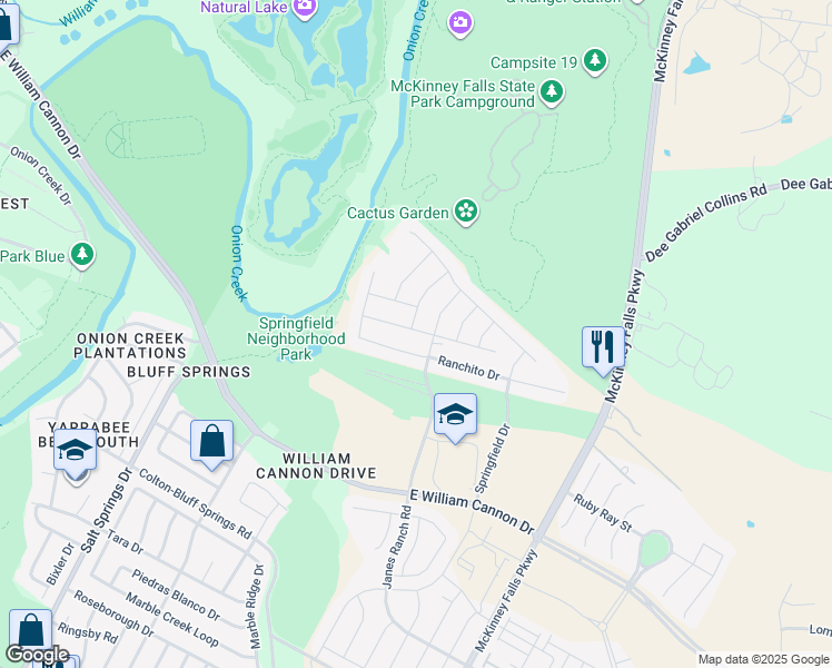 map of restaurants, bars, coffee shops, grocery stores, and more near 6616 Ranchito Drive in Austin