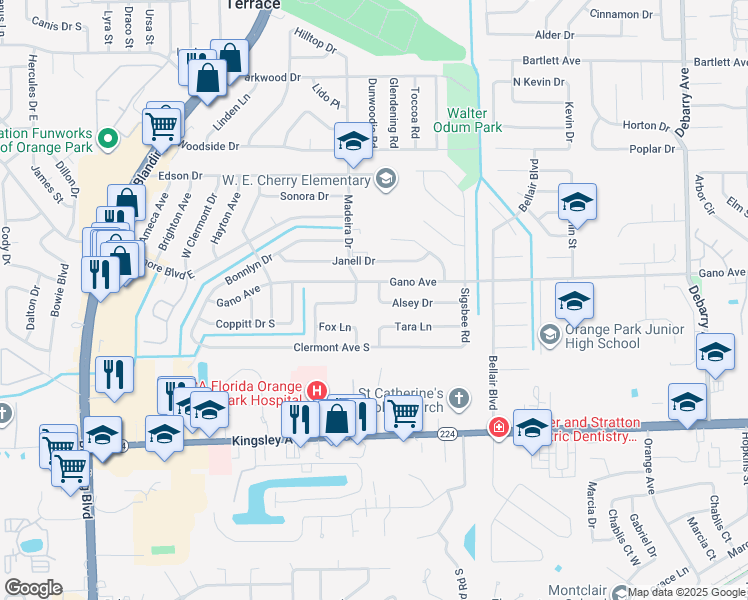 map of restaurants, bars, coffee shops, grocery stores, and more near 470 Alsey Drive in Orange Park