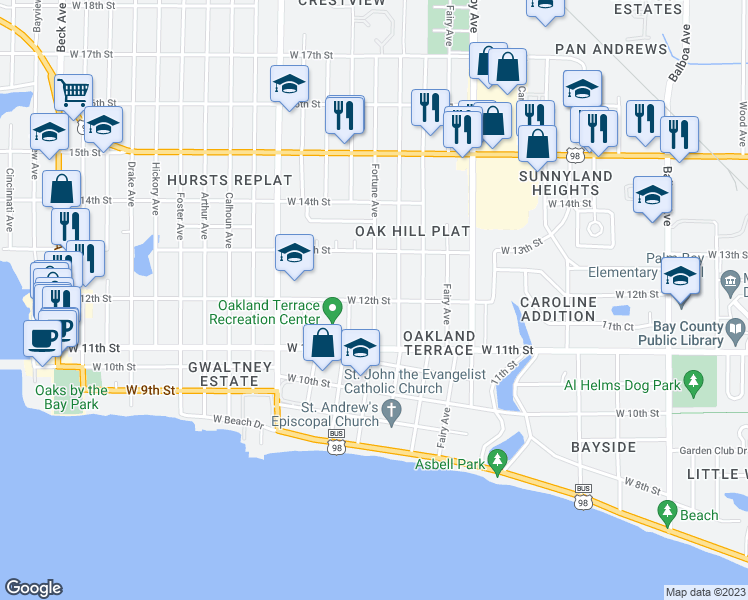 map of restaurants, bars, coffee shops, grocery stores, and more near 1201 Fortune Avenue in Panama City