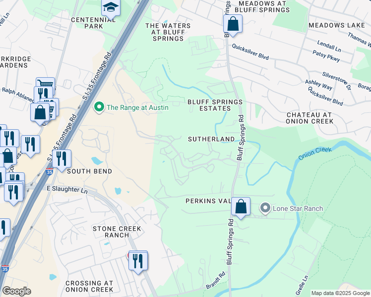 map of restaurants, bars, coffee shops, grocery stores, and more near 8300 Bluff Springs Road in Austin