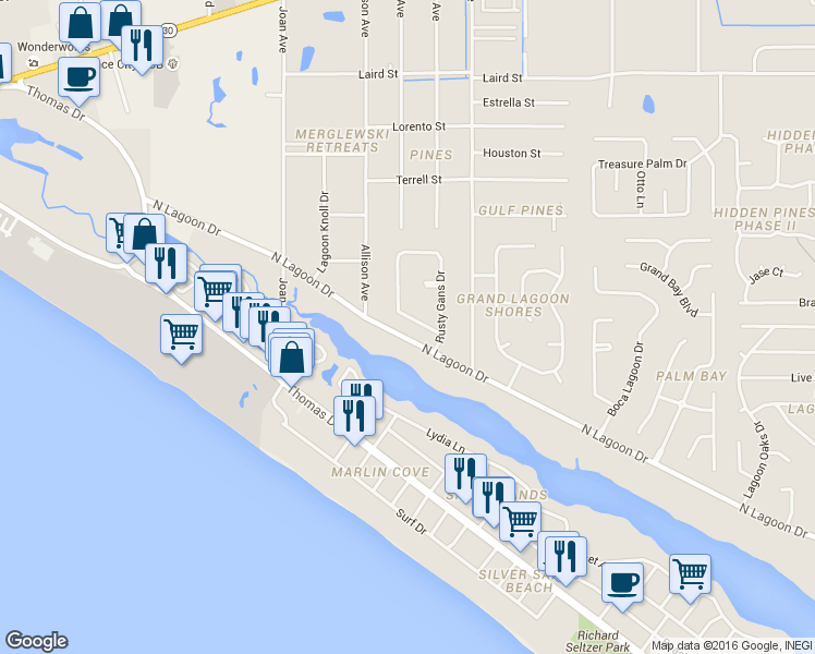 map of restaurants, bars, coffee shops, grocery stores, and more near 164 Rusty Gans Drive in Panama City Beach