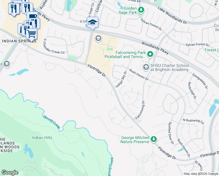 map of restaurants, bars, coffee shops, grocery stores, and more near 19 Tealbriar Circle in Spring