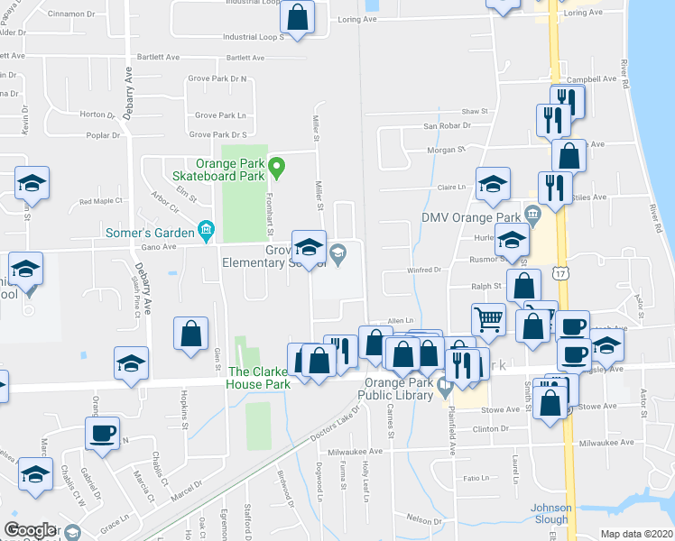 map of restaurants, bars, coffee shops, grocery stores, and more near 1643 Miller Street in Orange Park