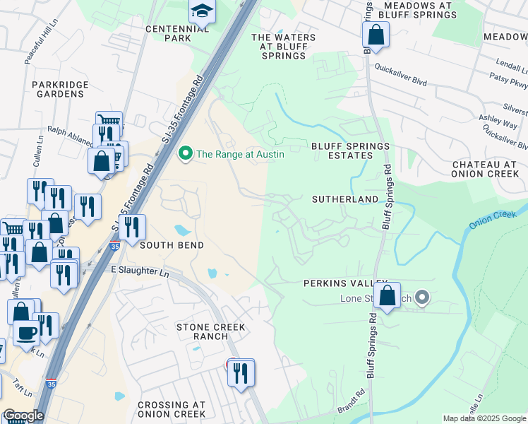 map of restaurants, bars, coffee shops, grocery stores, and more near 8340 Bluff Springs Road in Austin