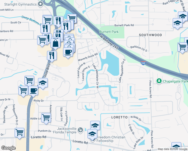 map of restaurants, bars, coffee shops, grocery stores, and more near 3395 Excalibur Way in Jacksonville