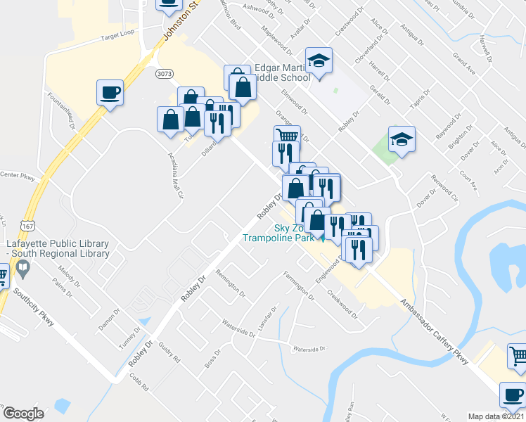 map of restaurants, bars, coffee shops, grocery stores, and more near 946 Robley Drive in Lafayette