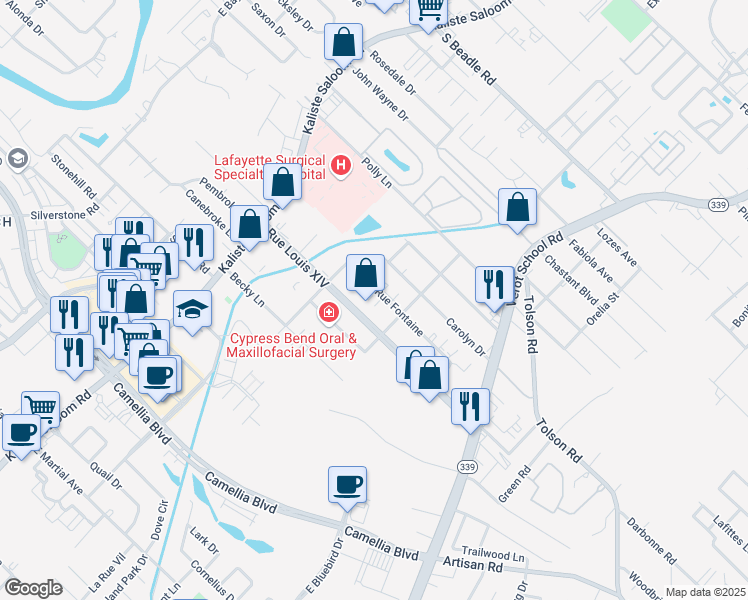 map of restaurants, bars, coffee shops, grocery stores, and more near 112 Rue Fountaine in Lafayette