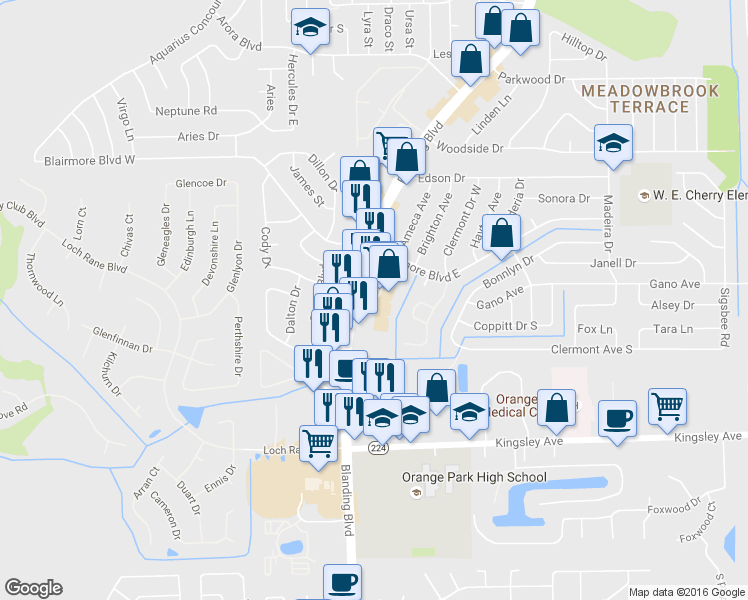 map of restaurants, bars, coffee shops, grocery stores, and more near 319 Blanding Boulevard in Orange Park