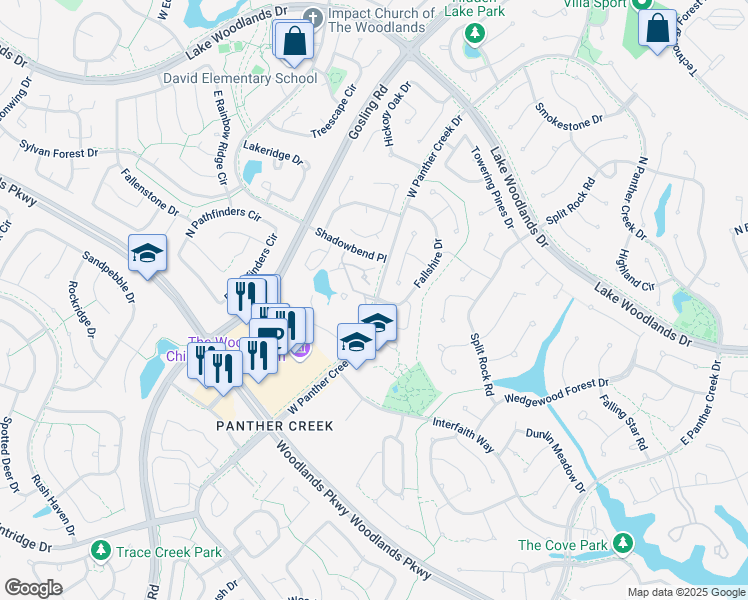 map of restaurants, bars, coffee shops, grocery stores, and more near 5055 West Panther Creek Drive in The Woodlands