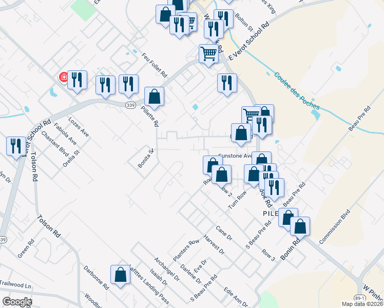 map of restaurants, bars, coffee shops, grocery stores, and more near 412 Vieux Orleans Circle in Lafayette