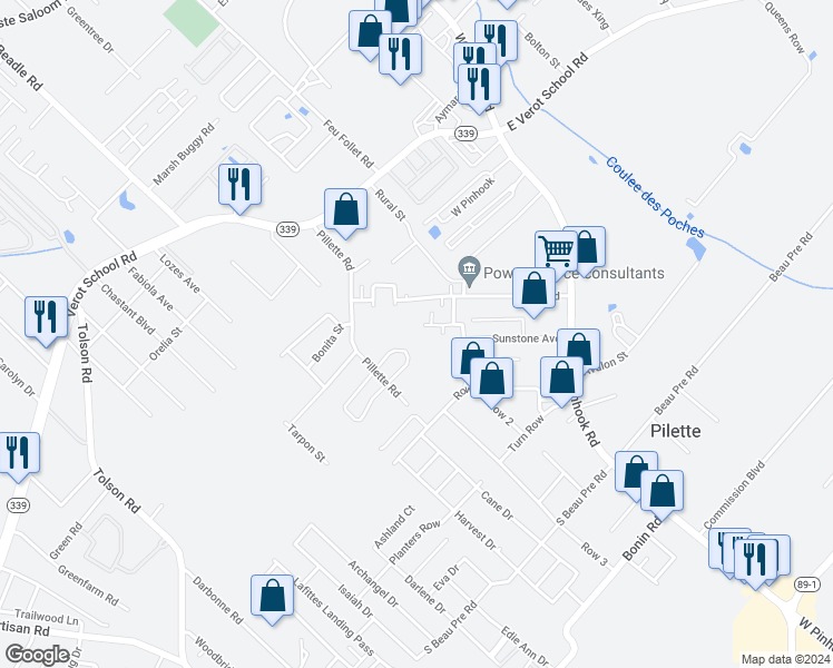 map of restaurants, bars, coffee shops, grocery stores, and more near 412 Vieux Orleans Circle in Lafayette