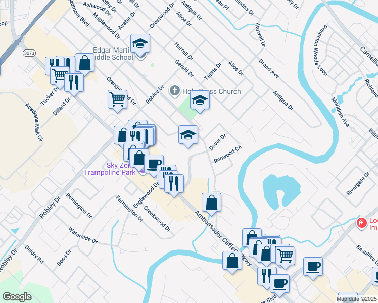 map of restaurants, bars, coffee shops, grocery stores, and more near in Lafayette