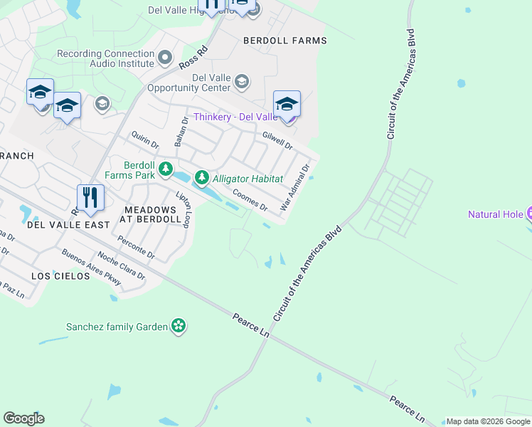 map of restaurants, bars, coffee shops, grocery stores, and more near 5925 Randleman Drive in Del Valle