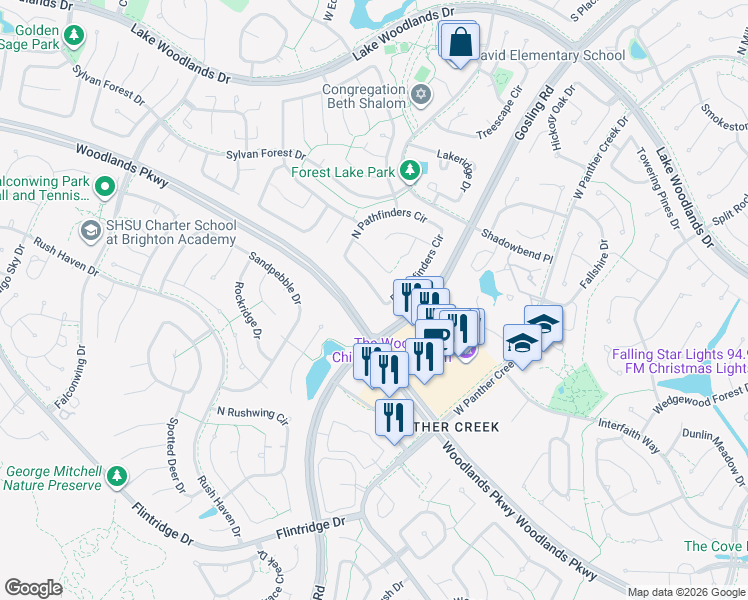 map of restaurants, bars, coffee shops, grocery stores, and more near 195 South Pathfinders Circle in Spring